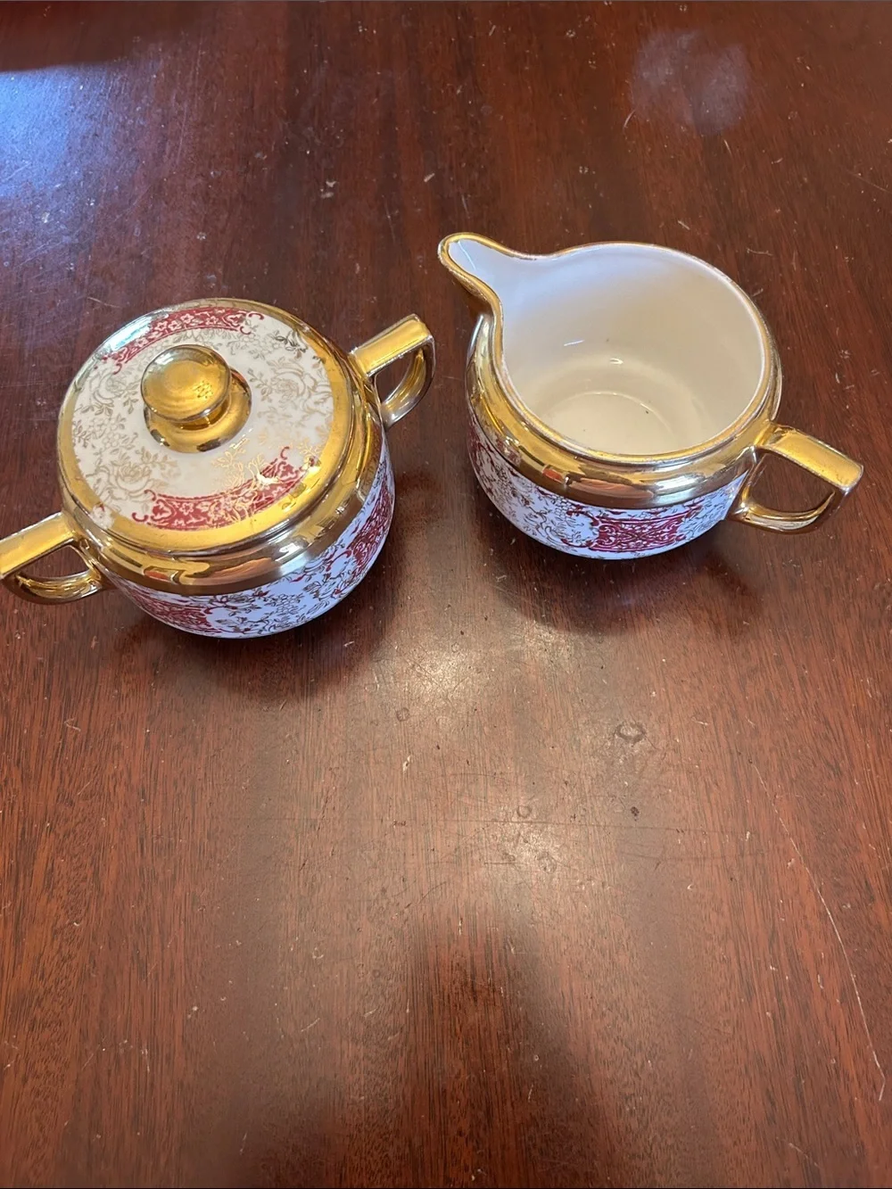 Piccadilly Vintage Gold-Trim Red and White Porcelain Sugar & Creamer Set